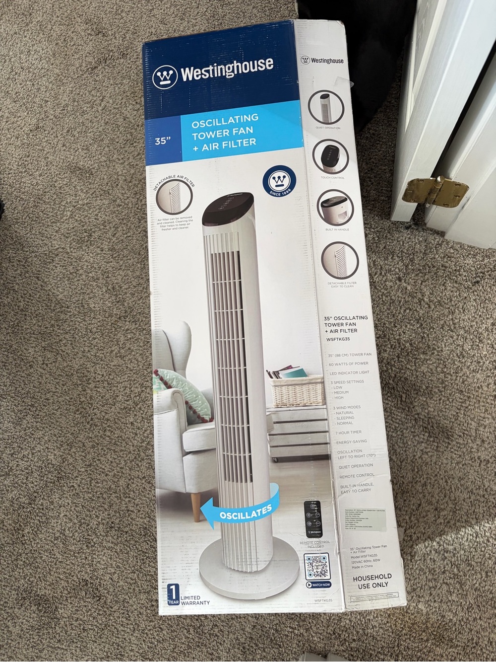35" White Oscillating Tower Fan with Air Filter and Remote